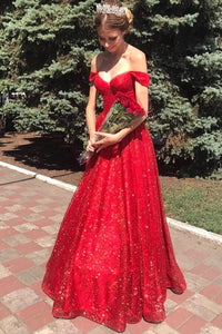 Sparkly Tulle Off Shoulder Red A-line Long Prom Dresses, Evening Dresses,BD930731