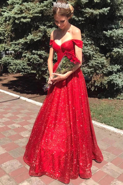Sparkly Tulle Off Shoulder Red A-line Long Prom Dresses, Evening Dresses,BD930731