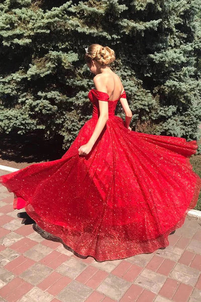 Sparkly Tulle Off Shoulder Red A-line Long Prom Dresses, Evening Dresses,BD930731