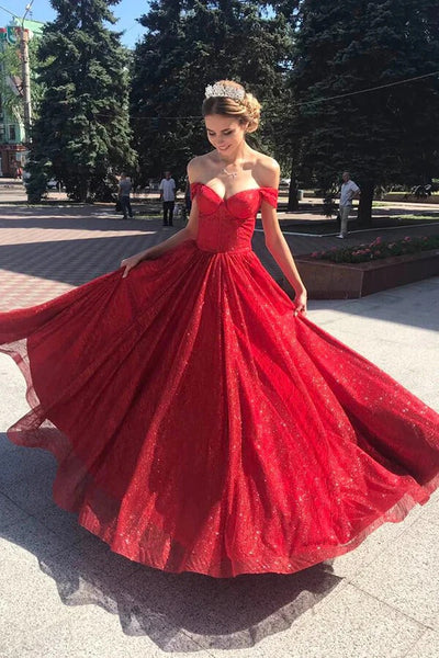 Sparkly Tulle Off Shoulder Red A-line Long Prom Dresses, Evening Dresses,BD930731