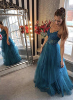 A-line V-neck Teal Tulle Spaghetti Straps Prom Dresses With Lace Appliques