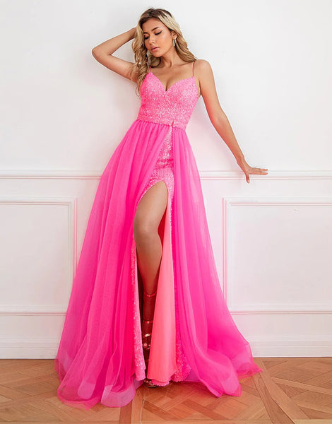 Detachable Pink Sequin Prom Dresses with Split Front,BD930645