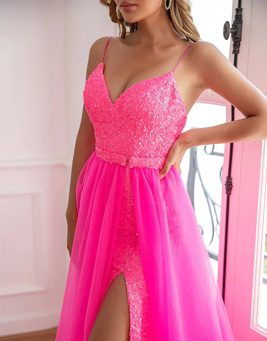 Detachable Pink Sequin Prom Dresses with Split Front