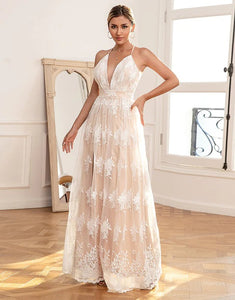 White Long Deep V-Neck A Line Lace Prom Dresses,BD930640
