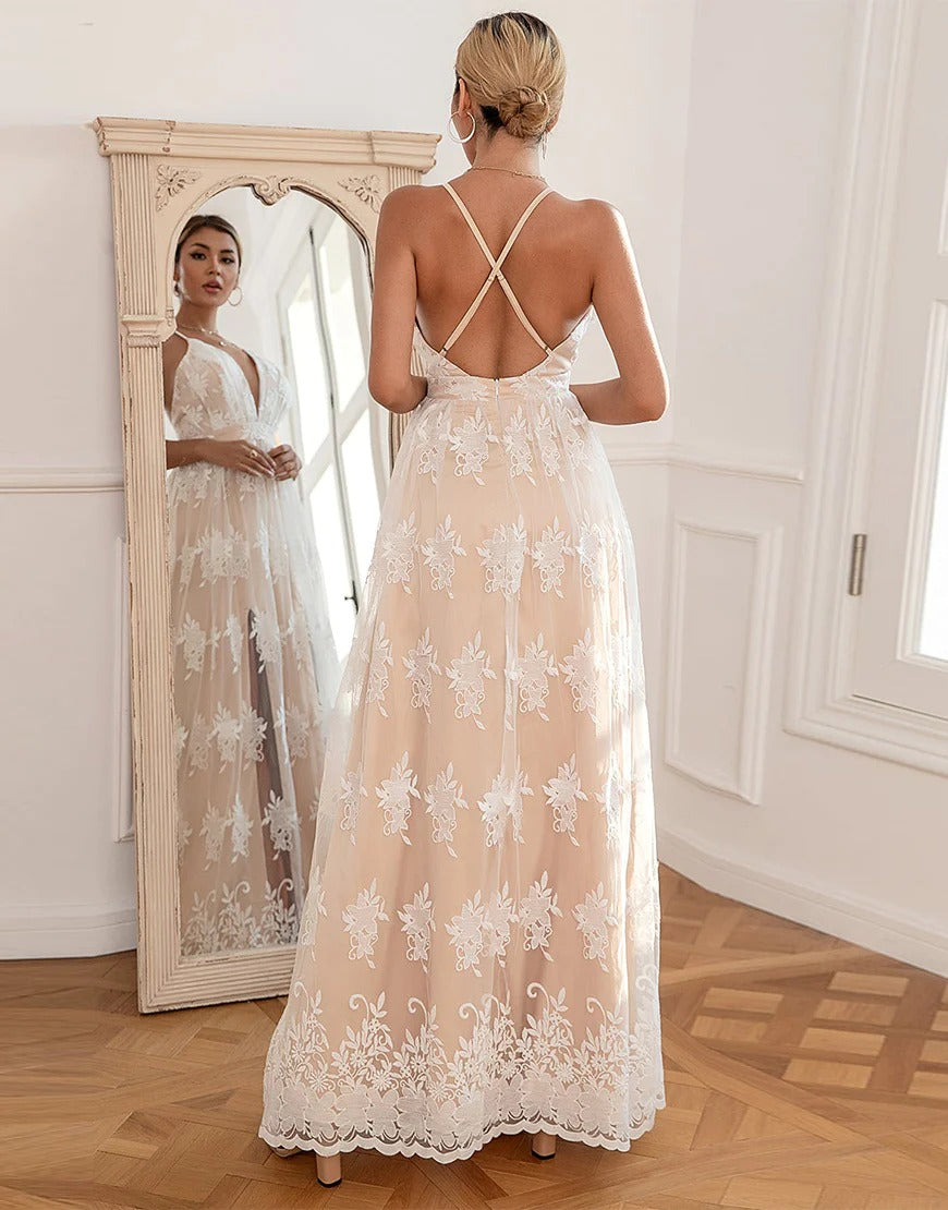 White Long Deep V-Neck A Line Lace Prom Dresses