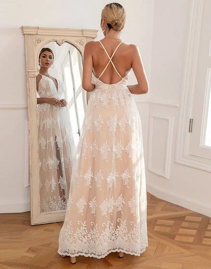 White Long Deep V-Neck A Line Lace Prom Dresses
