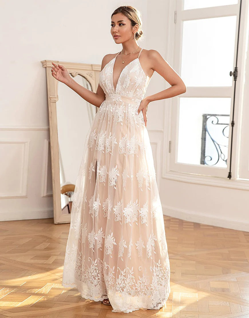 White Long Deep V-Neck A Line Lace Prom Dresses
