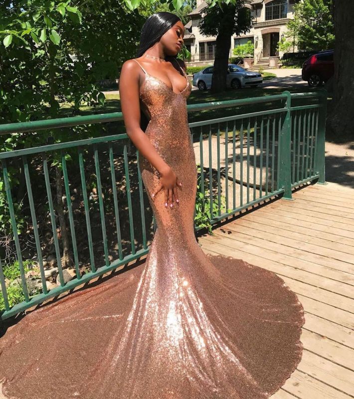 Glittery Sleeveless V Neck Nude Pink Sequins Mermaid Prom Dresses –  luladress