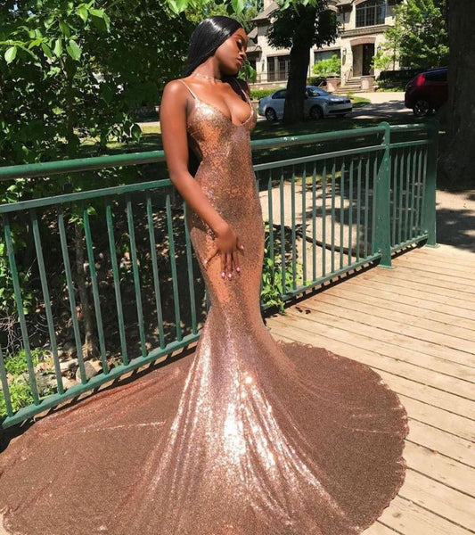 Glittery Sleeveless V Neck Nude Pink Sequins Mermaid Prom Dresses,PD21057
