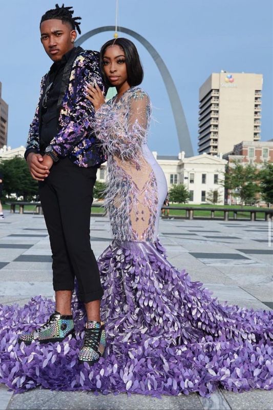 fitted lace wedding dress Gorgeous Lavender Long Sleeves Sequins Mermaid Prom Dress main image 0