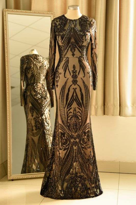 Elegant Jewel Sequined Mermaid Prom Dress Long Sleeves Appliques Party Dress