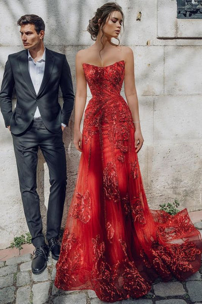 Beautiful Strapless Ruby Tulle Sequins Sheath Prom Dresses With Appliques,PD21047