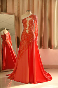 One-Shoulder Red Sequined Prom Dress | One-Sleeve Sexy Party Dress,PD21080