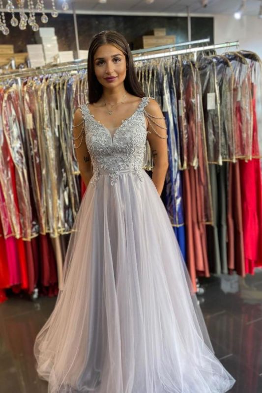 Women Sleeveless Silver Lace A-Line Long Prom Dresses,PD21003