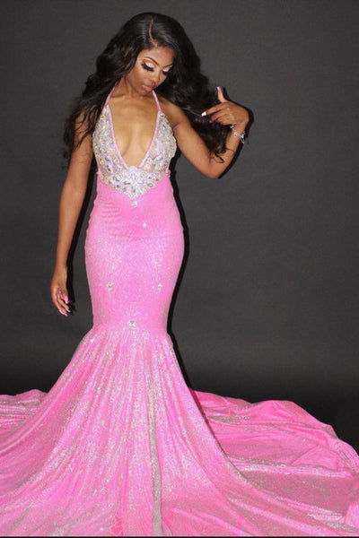 Glittery Blushing Pink Satin Crystal Mermaid Prom Dresses With Sleeveless,PD21020