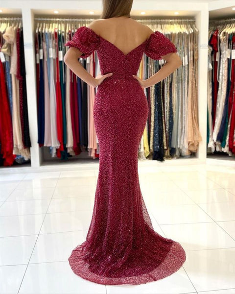 Noble Off The Shoulder Front-Split Ruby Sequins Mermaid Prom Dresses,BD93006
