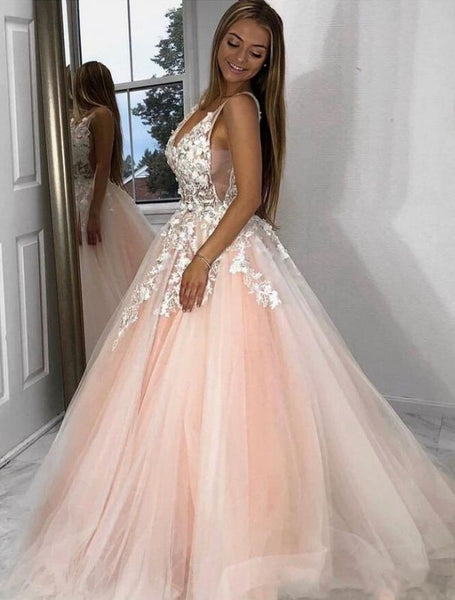 Sexy Deep-V-Neck Tulle Lace Prom Dresses On Sale,PD21078