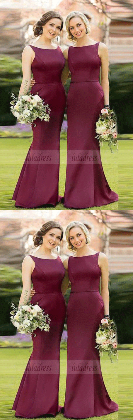 Fashion Sheath Bateau Burgundy Satin Long Bridesmaid Dress