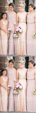 Mismatched Dark Gold Sequin Long Bridesmaid Dresses, Affordable Unique Custom Long Bridesmaid Dresses