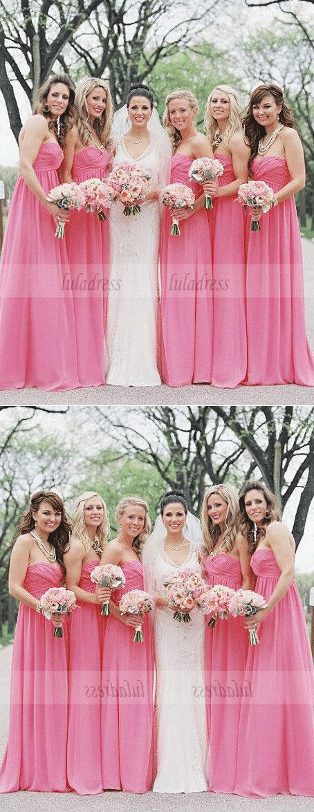 Custom Made Pink Ruched Sweetheart Neckline Floor Length Chiffon Bridesmaid Dress