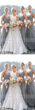 simple grey chiffon long bridesmaid dresses,a line bridesmaid dresses with pleats