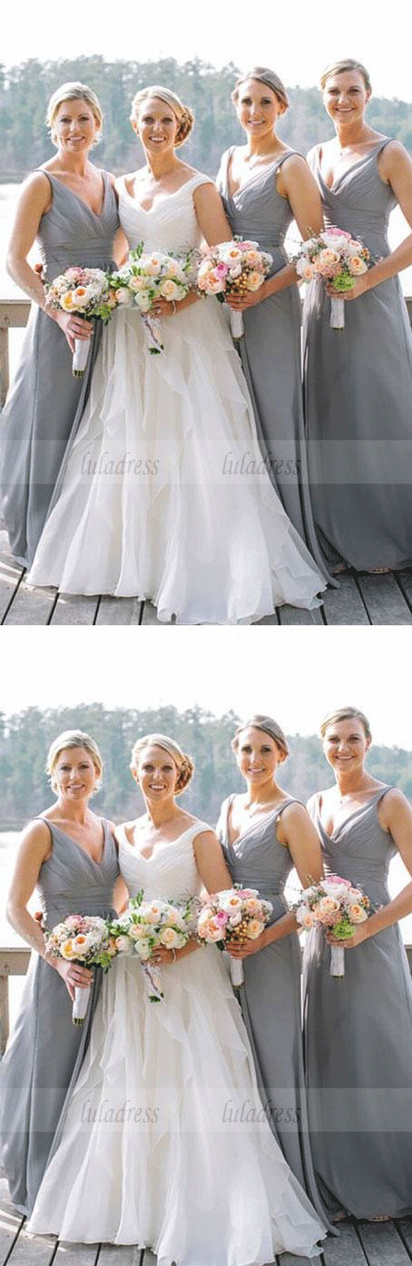 simple grey chiffon long bridesmaid dresses,a line bridesmaid dresses with pleats