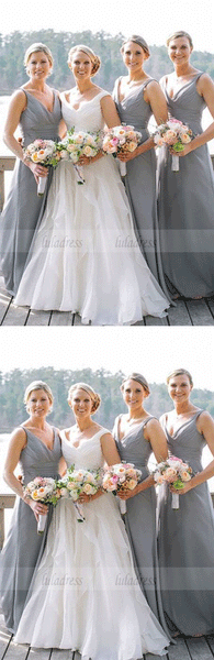 simple grey chiffon long bridesmaid dresses, cheap a line bridesmaid dresses with pleats,BD99598