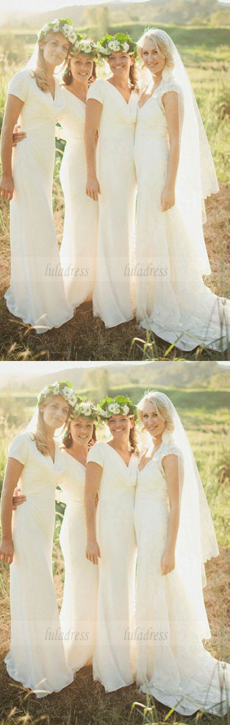 Sheath V-Neck Short Sleeves Floor-Length Chiffon Bridesmaid Dress