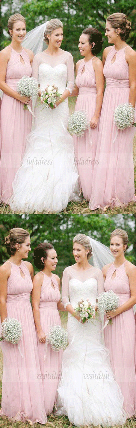 Pink Long Bridesmaid Dress, Pink Long Bridesmaid Dress with Key Hole