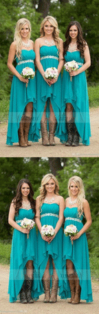 Turquoise Beach Bridesmaid Dresses ,High Low Modest Chiffon Long Wedding Guest Gowns