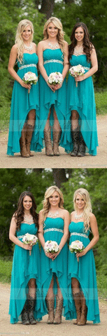 Turquoise Beach Bridesmaid Dresses ,High Low Modest Chiffon Long Wedding Guest Gowns