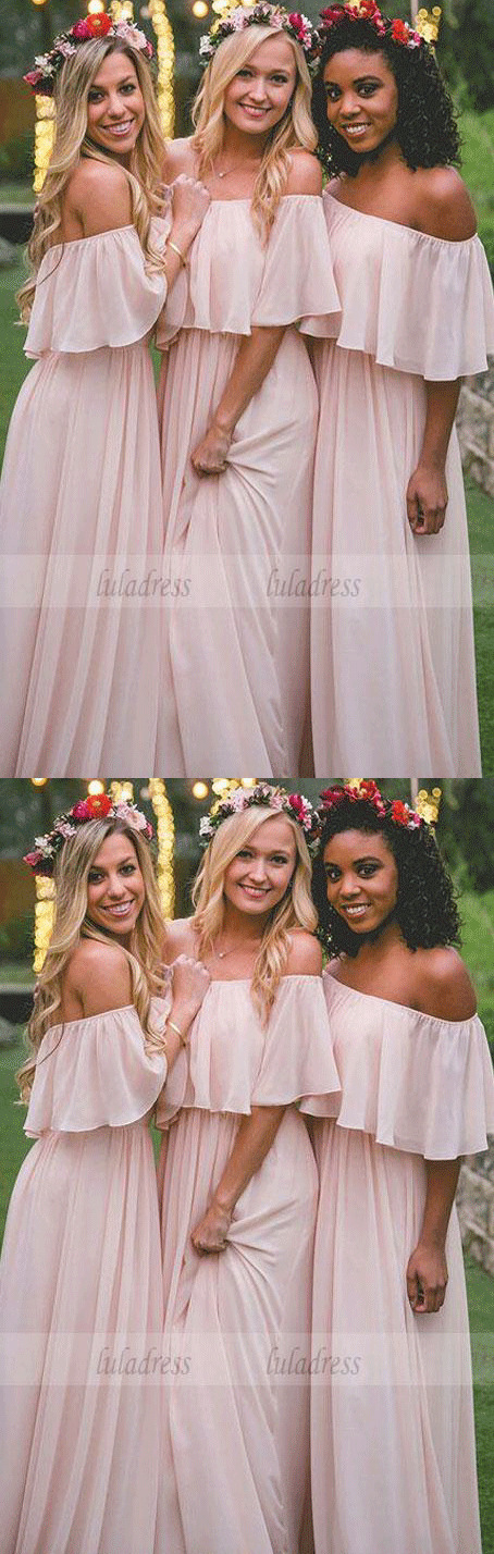 Elegant A-Line Off-the-Shoulder Pink Chiffon Floor-Length Bridesmaid Dress
