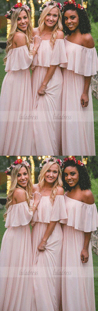 Elegant A-Line Off-the-Shoulder Pink Chiffon Floor-Length Bridesmaid Dress