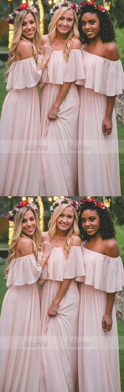 Elegant A-Line Off-the-Shoulder Pink Chiffon Floor-Length Bridesmaid Dress
