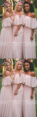 Elegant A-Line Off-the-Shoulder Pink Chiffon Floor-Length Bridesmaid Dress