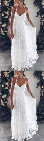 v neck lace long wedding dress, white bridal dress