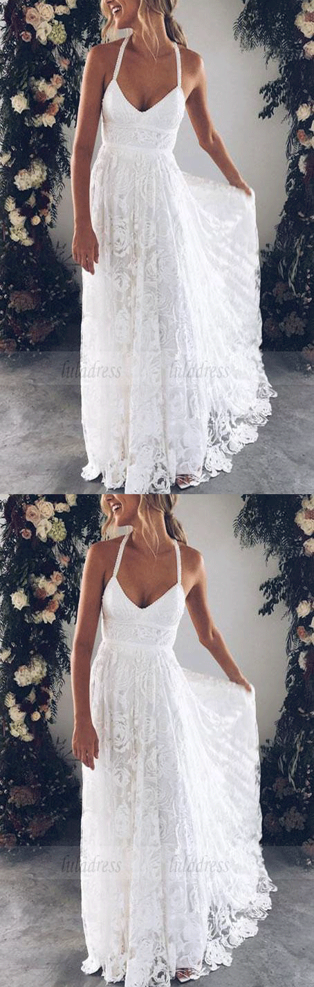 v neck lace long wedding dress, white bridal dress