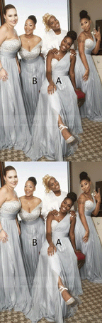 A-Line One Shoulder Grey Chiffon Bridesmaid Dress with Sequins Split