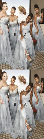 A-Line One Shoulder Grey Chiffon Bridesmaid Dress with Sequins Split