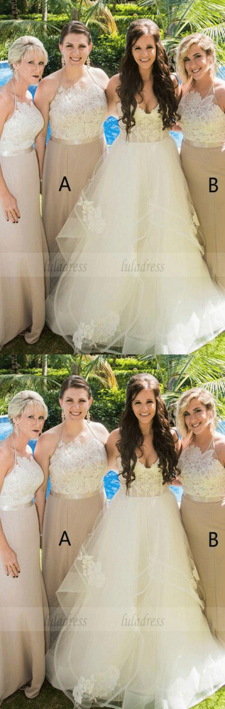 Sheath Halter Sweep Train  Bridesmaid Dress with Appliques