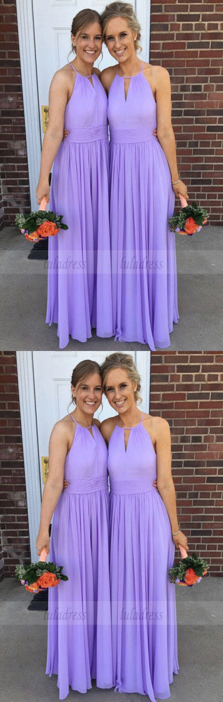 A-Line Round Neck Keyhole Lavender Chiffon Bridesmaid Dresses