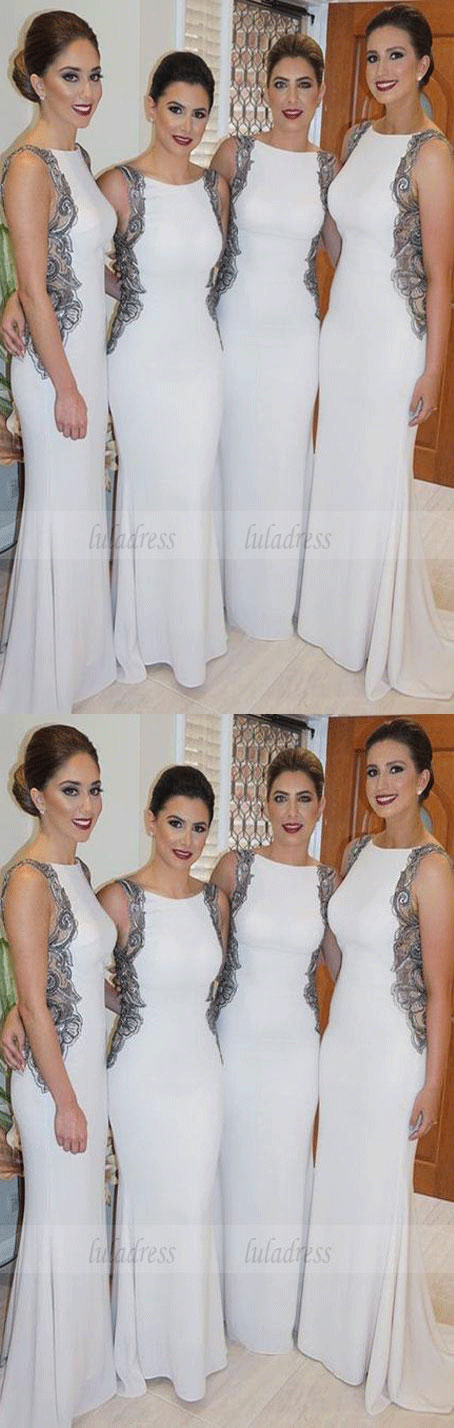 Custom Made White Sleeveless Bateau Neckline with Cut Out Lace Applique Mermaid Bridesmaid Dress