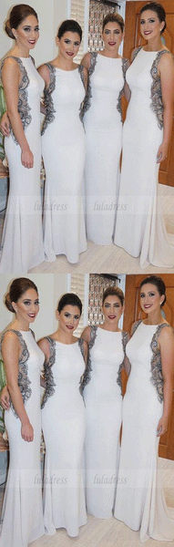 Custom Made White Sleeveless Bateau Neckline with Cut Out Lace Applique Mermaid Bridesmaid Dress,BD99868