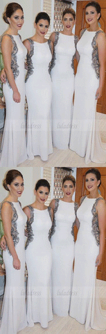 Custom Made White Sleeveless Bateau Neckline with Cut Out Lace Applique Mermaid Bridesmaid Dress