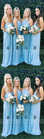 A-Line Halter Sweep Train Sleeveless Chiffon Bridesmaid Dress