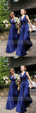 elegant dark blue bridesmaid dress with pleats, fashion v-neck wedding party dress with ruched