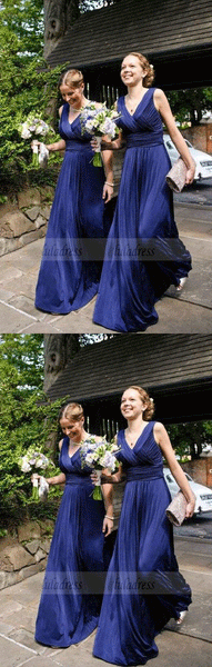 elegant dark blue bridesmaid dress with pleats, fashion v-neck wedding party dress with ruched,BD99602