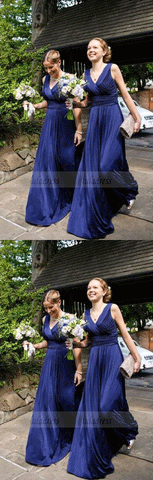 elegant dark blue bridesmaid dress with pleats, fashion v-neck wedding party dress with ruched
