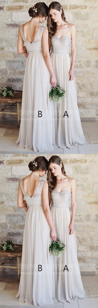A-Line Sweetheart Light Grey Chiffon Bridesmaid Dress with Lace,BD99842