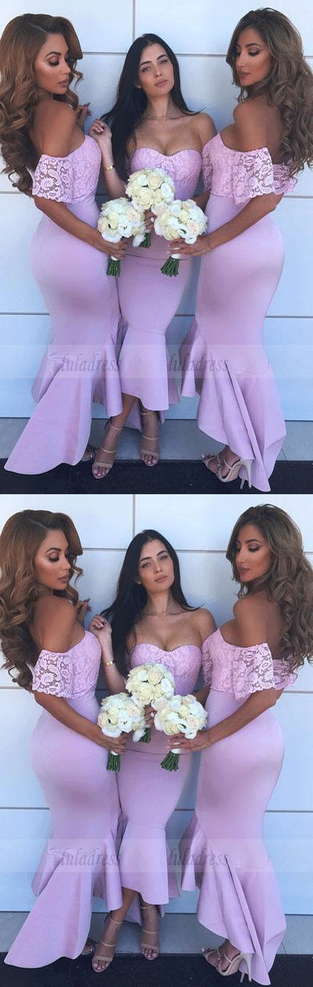 lavender mermaid bridesmaid dresses Mermaid Lilac Bridesmaid Dresses With Lace, Off-the-Shoulder Bridesmai